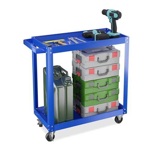 Relaxdays Werkstattwagen, Werkzeugwagen mit 2 Ebenen, mobiler Montagewagen, bis 100 kg belastbar, HBT: 76x78x35 cm, blau