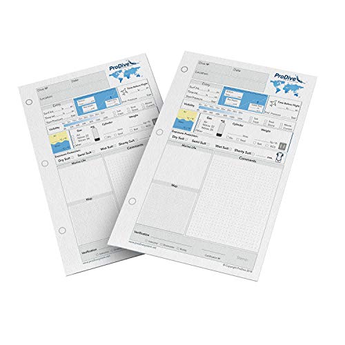 Scuba Diving Log Book Nachfüllblätter für 50 Tauchgänge 3 Loch PADI Standard