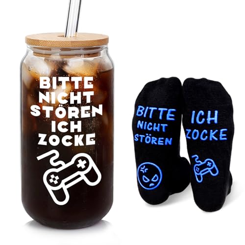 ANOTION Gamer Geschenk Gamer High Borosilikatglas Cup Lustige Socken Geschenkset Für Spielefans Adventskalender Füllung Kleinigkeiten Für Adventskalender Gaming Zubehör Teen Boy Geschenke Gaming Stuff