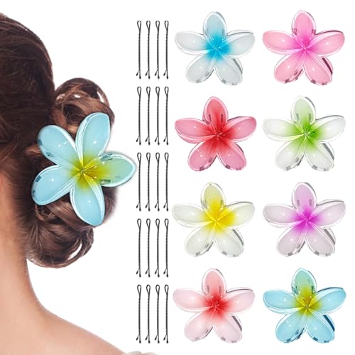 8 Stück Blumen Haarklammer, 8cm Haarklammer Blume, Hawaii Haarspange Blume, Bunt Flower Hair Clip mit 20 Stück Schwarz Haarnadeln Rutschfest Blumen Haarspange für Frauen Mädchen Dick/Dünn Haar
