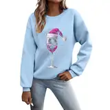 Black Friday Angebote 2024 Wann,Weihnachtspullover Damen Sweatshirt Lustig Weinglas Gedruckt Muster Druck Rundhals Langarm Casual Christmas Sweat Oberteile Xmas Pulli Frauen mit Fleece gefüttert Tops