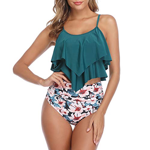Century Star Tankini Damen Bauchweg Badeanzug Damen Bademode Set Damen Sommer Elegant Badeanzüge für Damen Tankini Oberteil mit Badeshorts Blau-Pink 42-44