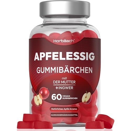 Apfelessig Gummies | Mit der Essigmutter & Ingwer Extrakt | 60 vegane Gummibärchen mit Apfelgeschmack | Apple Cider Vinegar Vegane Weichgummis | von Horbaach