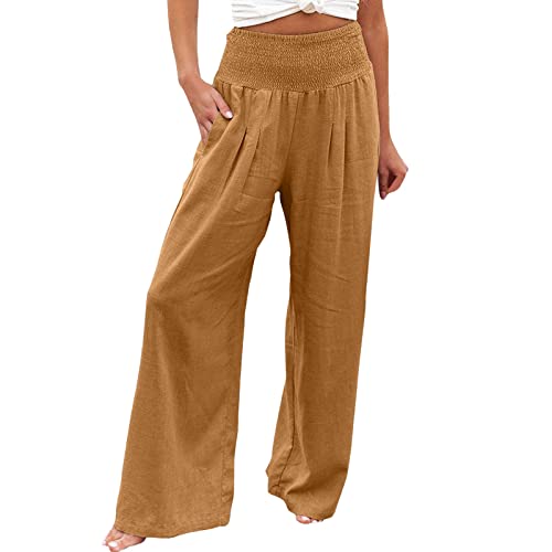 Modische Hose für Damen, Freizeithose, Leinenhose für Damen, hohe Taille, weites Bein, lockere Passform, Palazzo-Hose, lässig, Strand, trendige Trouses mit Taschen, ausgestellte Leggings für Mädchen,