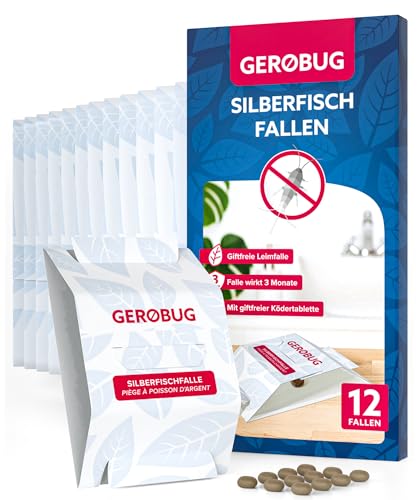 Gerobug Silberfischfalle 12 Stück + Bonus-Guide zum Silberfische bekämpfen - Leimfalle zur Befallskontrolle in Allen Wohnräumen - Extra Starke Silberfischfalle Klebefalle