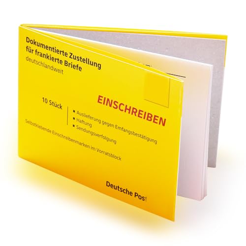 10 Stück selbstklebende Post Einschreiben-Briefmarken Einschreiben-Marken Porto Etiketten Label Aufkleber mit Barcode im Block | Versicherung bis 25 EUR | Zustellung nur gegen Unterschrift