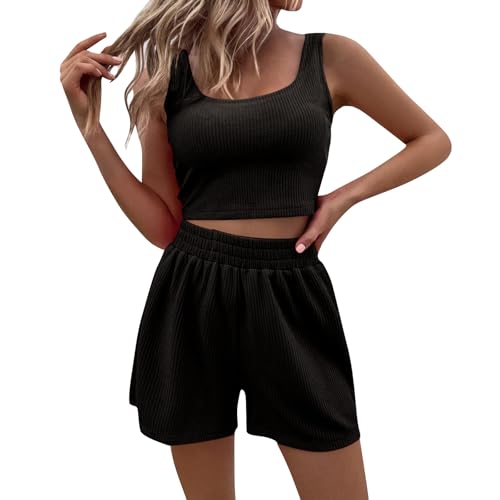 Generisch Angebote, Zweiteiler Damen Sommer Outfits Elegant Hosenanzug Kleidung 2 Teiler Set Crop Tank Top + Shorts Clothes Workout (M, Schwarz)