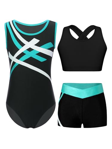 Alvivi 3 Stück Mädchen Turnanzug Ärmellos Gymnastikanzug Streifen Turnbody + Sport BH Tops + Shorts Gymnastik Leotard Turntrikot Tanzanzug Blau Grün 146-152