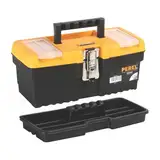 Perel Werkzeugkoffer Kunststoff leer, Werkzeugkasten leer, Werkzeugbox, Werkzeug Organizer Box, Tool Box, 2 Organizer im Deckel, Metallverschluss, schwarz/orange, 320 x 155 x 139 mm