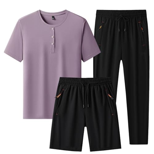 Roter Anzug 3-teiliges Set Lässig Bequem Rundhalsausschnitt Reine Farbe Kurzarm Shorts Hosen Outfit Für Frühling Sommer Täglich Zuhause Outdoor Sport Männer Gürtel Schwarz(Rosa,3XL)