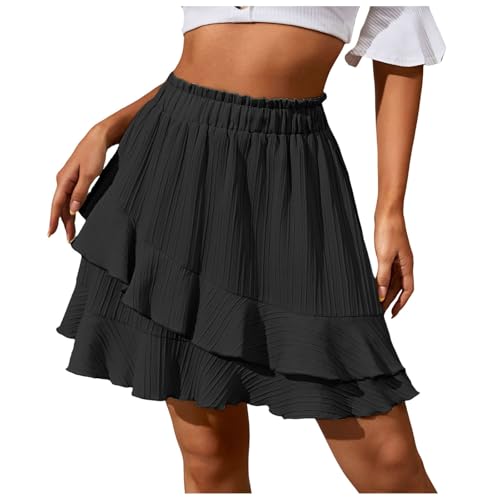 2025 - Damen Sommer Rüschenrock Hoch taillierter unregelmäßiger einfarbiger Rock Stretch Spitze (Black, M)