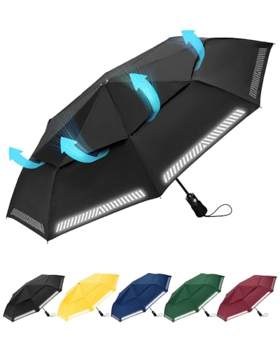Chakipee Regenschirm Sturmfest Taschenschirm mit Reflexstreifen Schwarz Umbrella Kompakter Reise Winddichter Automatik Auf und Zu Doppelt Belüftetes Vordach 8 Rippen für Herren Damen Kinder