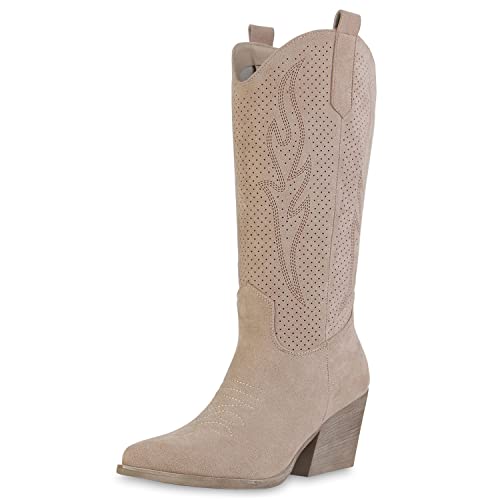 VAN HILL Damen Cowboystiefel Stiefel Spitze Cut-Outs Schuhe Holzoptikabsatz Western Boots Stickereien Freizeitstiefel 211569 Beige 38
