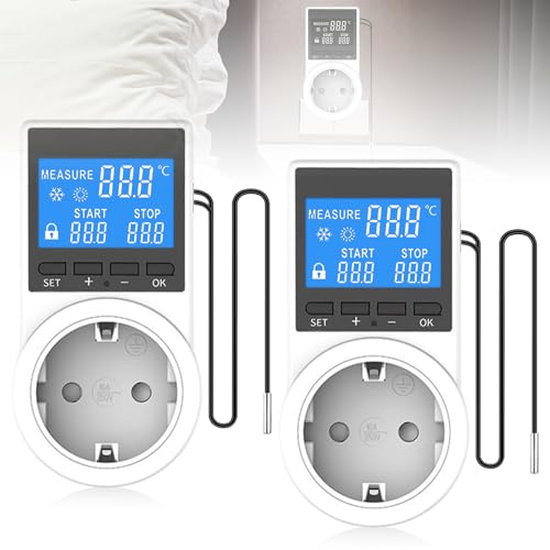 Digitaler Temperaturregler Steckdose 250V mit Fühler, Thermostat Steckdose mit LED-Display, Digitale Zeitschaltuhr Steckdose, Heizung Kühlung Thermostat Schalter für Terrarium (2, Weiß, M)