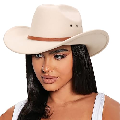 DRESHOW Cowboyhut für Damen & Herren Viehzüchter Western Fedora Filzhut Cowgirlhut mit Breite Krempe und Schnallengürtel Unisex Aufrollbare Krempe Hut