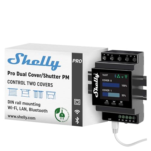 Shelly Pro Dual Cover/Shutter PM | Lan-, Wi-Fi- und Bluetooth-Verbindung, Professioneller DIN-Schienen Smart Dual Cover/Shutter Controller mit 2 Abdeckungen zu je 16 A | Hausautomation