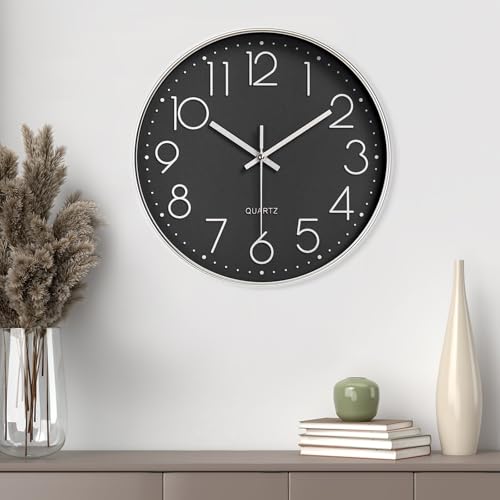 Gentpovth 8 Zoll (20 cm) Moderne Wanduhr Ohne Tickgeräusche - Mit Klarglasscheibe, Hohe Genauigkeit, Leicht zu Lesen - Für Büro, Wohnzimmer, Küche, Schule, Kinderzimmer (Schwarz)