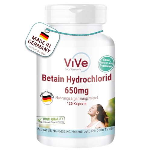 Betain Hydrochlorid 650 mg - 120 Kapseln für 1 Monat - 76% Betain- hochdosiert und vegan | Qualität aus Deutschland von ViVe Supplements