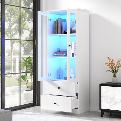 Moderne LED-Vitrine weiß matt 165 cm hoch mit USB-Anschluss, 16-Farben-Fernbedienung, Glasvitrine mit 2 Schubladen, Vertikalvitrine mit verstellbaren Fachböden, Vitrine mit Flügeltüren(weiß)