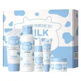 LAIKOU Milch Gesichtspflege Set, Gesichtspflege Set Damen, 5 Stück Skincare Geschenkset Teenager, Milch Gesicht Reiniger Toner Serum Augencreme Gesichtscreme, für Frauen Männer Teenager (A)