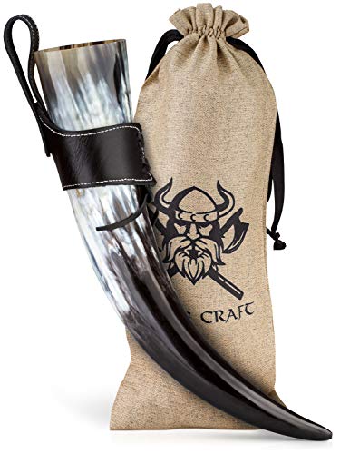 VIKING CRAFT® Trinkhorn Wikinger ca. 450ml - Authentisches 3-Teiliges Horn Set für Wikinger Met Honigwein mit Gürtelhalter – Methorn Wikinger Deko, LARP Mittelalter Bierkrug, Honigmet