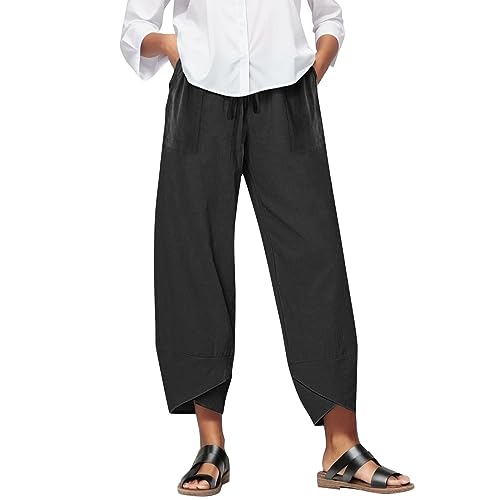 Haushose Damen Freizeithosen Lässig Hose Outdoor Jogginghose Elastisch Taille Weite Bein Freizeit Outdoorhose Lang Relaxhose Bequeme Mit Druck High Waist Freizeithose Baumwolle (Black, M)