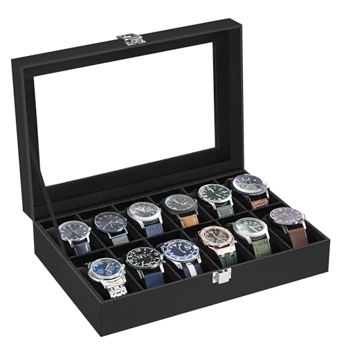 SONGMICS Uhrenbox mit 12 Fächern, Uhrenkasten mit Glasdeckel, Uhrenkoffer mit herausnehmbaren Uhrenkissen, Metallverschluss, Geschenkidee, PU-Bezug in Schwarz, Samtfutter in Schwarz JWB12B