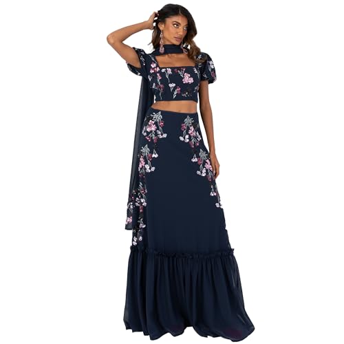 Maya Deluxe Women's Indian Traditional Dress Women Outfit Choli Lehenga Saree Skirt and Top Dupatta Coord Set for Wedding Guest Lengha, Navy Flowers, 8