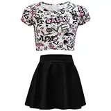 A2Z 4 Kids® Kinder Mädchen Love Graffiti Scribble Aufdruck Bauchfreies Top & Schwarz Skater Rock Set Alter 7 8 9 10 11 12 13 Jahre (7-8 Jahre (122-128), Crop Top & Rock Set)