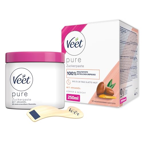 Veet Pure Zuckerpaste mit Arganöl - Sugaring Paste für die Haarentfernung an Körper & Gesicht - 1 x 250 ml inkl. Holzspatel & Stoffstreifen