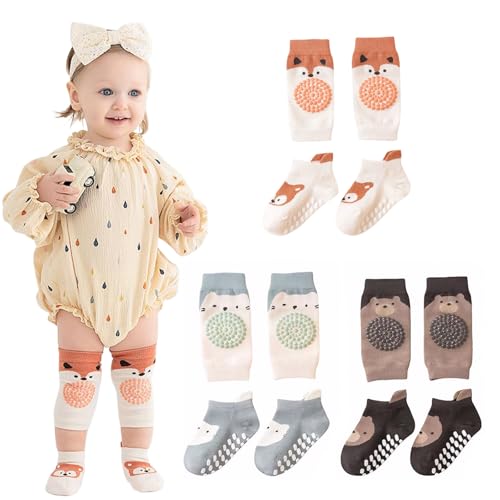 3 Paar Knieschoner Baby und Stoppersocken Baby Knieschoner Baby Krabbeln Baby Knieschoner zum Krabbeln Knieschoner Krabbeln Anti Rutsch Krabbelhilfe mit Gummipunkte für Kleinkinder 0-24 Monate