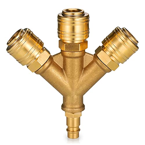 Druckluftverteiler 3-Fach mit Kupplungen, 1/4-Zoll Verteiler Luftverteiler 3 Druckluftweiche mit Außengewinde, Messing Kupplungsstecker mit Kupplungsdosen NW 7,2 Luftweiche Y Verteiler