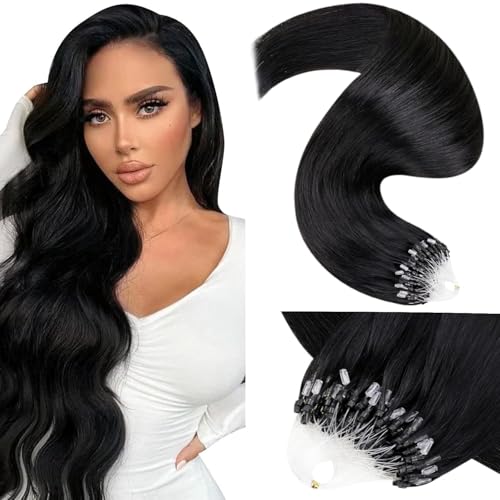 LaaVoo Microring Extensions Echthaar Schwarz 40cm Micro Loop Extensions Echthaar 1g/s Unsichtbar Microrings Haarverlängerung Bondings Glatt #1 50g/50s