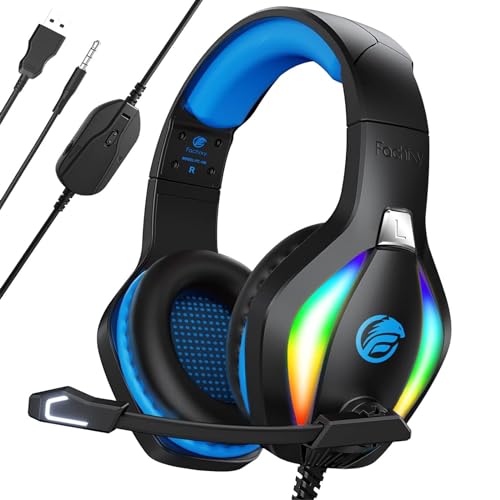 Fachixy 「2024 New」 FC100 Gaming Headset für PS4/PS5/PC/Xbox/Nintendo Switch, PS4 Kopfhörer mit Kabel und RGB Licht, Stereo Surround Kopfhörer mit Mikrofon, Noise Cancelling Headphones - Schwarz-Blau