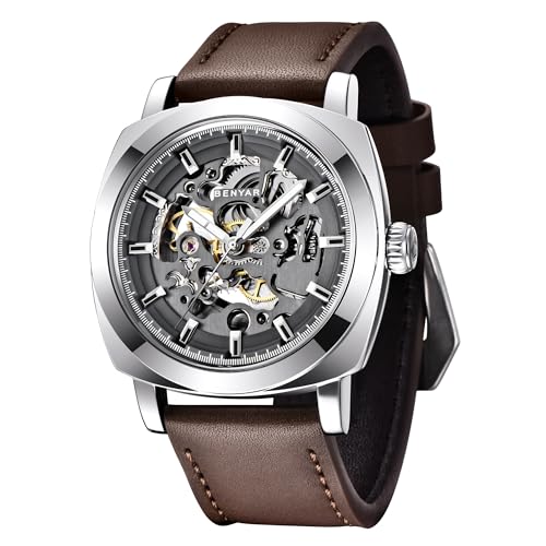 BENYAR - Uhren Herren Uhr Automatik Mechanische Armbanduhr | Lederband | Goldene Bewegung | 45 mm Skeleton Dial | Wasser- und Kratzfest | Elegantes Geschenk für männer