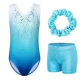 ZNYUNE Mädchen Turnanzug mit Hose Haarband Set Gymnastikanzug Kinder Shorts Trikot Turnen Ärmellos/Langarm Kleidung klassisch Turnbody B182 Blue 12A