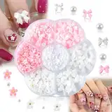 Blumen 3d Nails Art Charms,Bogen Nagel Deko,Charms Nägel mit Weißen Halbperlen,Schleifenknoten Nagelsticker Strasssteine Nagelschmuck Kristall,Acrylnägel Nagelanhänger für Nagelsteine,Schmucksteine