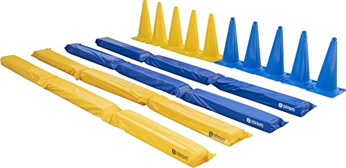 Dönges Pferdegasse Set mit 10 XXL Pylonen Blau Gelb + 4 gefüllte Balken inkl. Tragetasche - Richtläufer und Leitkegel Übungsstange Trabstange Pferdeausbildung Bodenarbeit Softstange