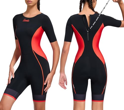 Santic Damen Triathlonanzug Gepolstert Triathlon Einteiler Kuzarm Anzug Pro Tri-Anzug Schnell Trocknend Abnehmen Fahrrad Skinsuit Rot XXL