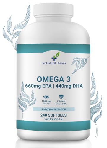 Omega 3 2000 mg | 240 Kapseln | Hohe Konzentration von 660 mg EPA und 440 mg DHA. Fischöl für Cholesterin, Herz-, Gehirngesundheit und Blutdruck | 4 Monate | ProNatural Pharma