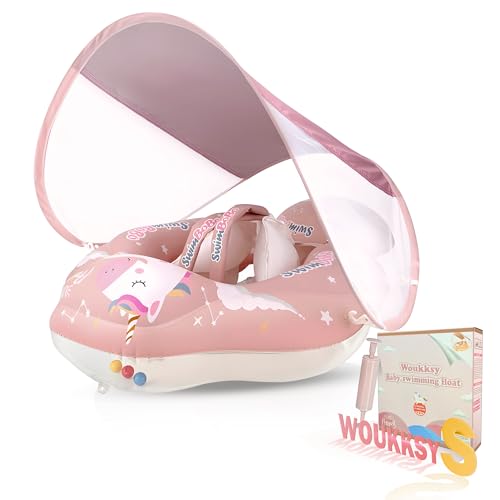 Baby Schwimmring mit abnehmbarem Sonnendach und Anti Umkippen Float Aufblasbarer Schwimmtrainer mit Sicherheitssitz für Kleinkinder ab 3 bis 10 Monate von Woukksy