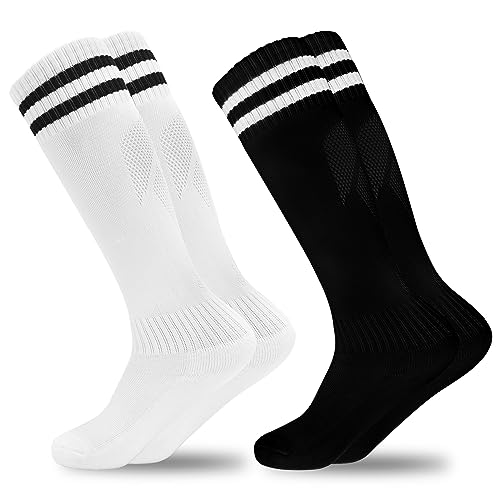 GRPSKCOS Kinder Fußball Socken, 2 Paar Sport Mädchen Jungen Fußball Kniestrümpfe Kniestrümpfe Kleinkind Streifen Schuluniform Strümpfe（#1 Weiß Schwarz & Schwarz Weiß- 2 Paar，6-12 Jahre