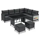 Juskys Polyrattan Lounge Manacor mit Ecksofa, Esstisch, 2 Hocker & Kissen - wetterfest bis 7 Personen - Bezüge waschbar - Rattan Garten Sitzgruppe Gartenlounge Gartenmöbel Set - Schwarz/Grau