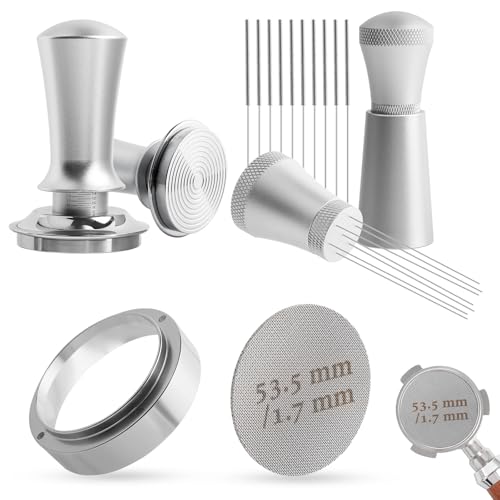 Kaffee Tamper 54mm Set, Aufgerüstet Espresso Tamper Set inkl. WDT Tool, Dosierring 54mm, Puck Screen 54mm, Druckregulierender Tamper-Base Ripple aus Edelstahl mit 30lbs Anpressdruck für Barista