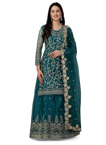 TRENDMALLS Damen Mono Net Kurta Lehenga Anzug Set Indian Pakistani Ethno Wear, Blaugrün, Blau, Small