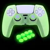 HLRAO Grün Controller Skin Silikon Grip Glow in The Dark Schutzhülle Kompatibel mit PS5/Slim/Pro Controller + 8 FPS PRO Daumengriffe und 2 Stück Kappen.