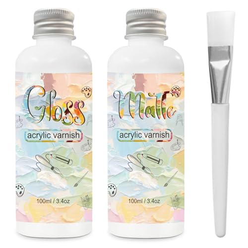 Firnis für Acrylfarben,2 x 100ml Acryllack Transparent, Klarlack für Acrylfarben Verhindert das Vergilben, Reißen und Abstauben von Farben und erhält die Farbe dauerhaft (gloss+matte)