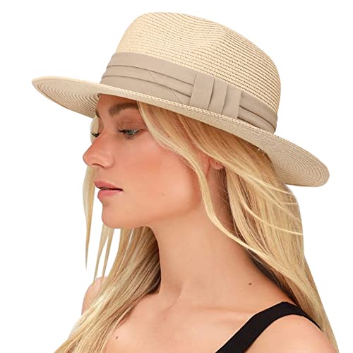 DRESHOW Damen Panama Hut Fedora Strand Sonnenhut Breiter Rand Stroh Aufrollen Hut UPF 50+