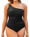 Aqua Eve Plus Size Einteiliger Badeanzug für Frauen Bauchkontrolle Badeanzüge One Shoulder Bademode, Schwarz -1, 44 Mehr