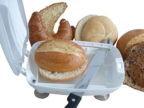 Safetycrumb Work - Brötchen Schneidehilfe mit Sicherheitsmesser | Brötchenmesser inkl. Krümelfang | perfekter Schnitt dank Schnittführung | mit einer Hand bedienbar | ab 4 Jahren geeignet